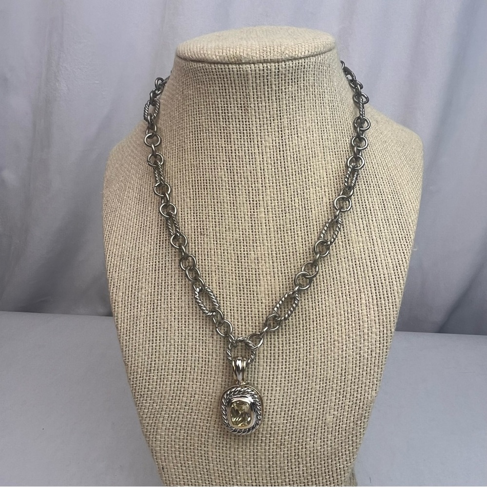 Silver and Gold Citrine Textured Pendant Choker Necklace 18in